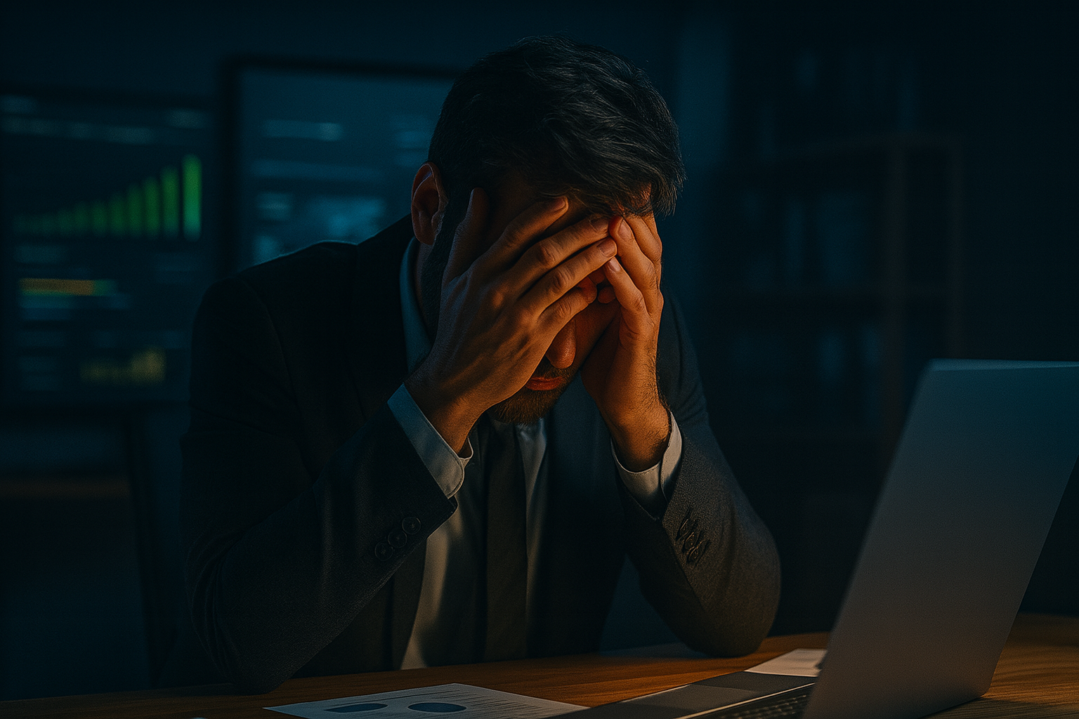 Frustrated CEO at desk, overwhelmed by work
