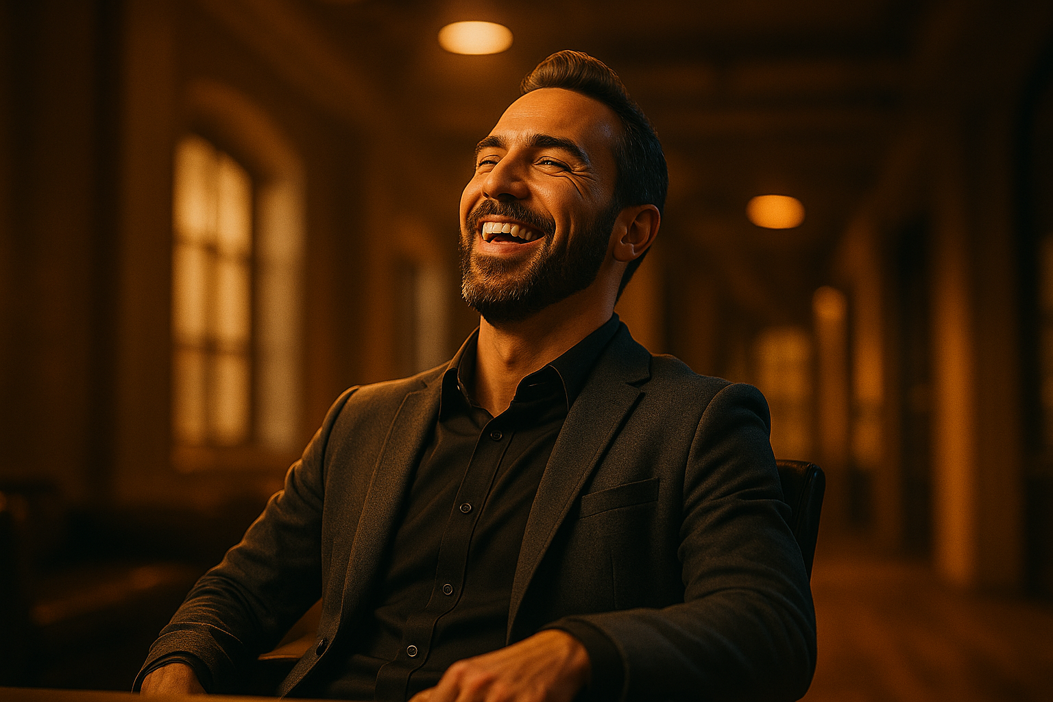 Confident relaxed CEO in modern office, smiling